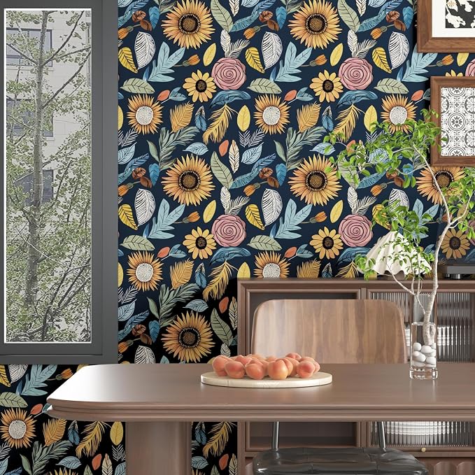 Blue Wallpaper Peel and Stick, Vintage Boho Floral Contact Paper, 17.5" x - Image 2