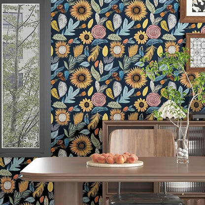 Blue Wallpaper Peel and Stick, Vintage Boho Floral Contact Paper, 17.5" x - Image 2