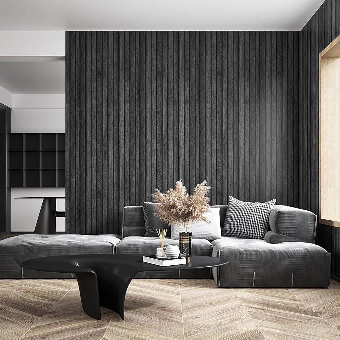 VEELIKE Charcoal Black Wooden Slat Wallpaper Peel and Stick Waterproof Dark - Image 4