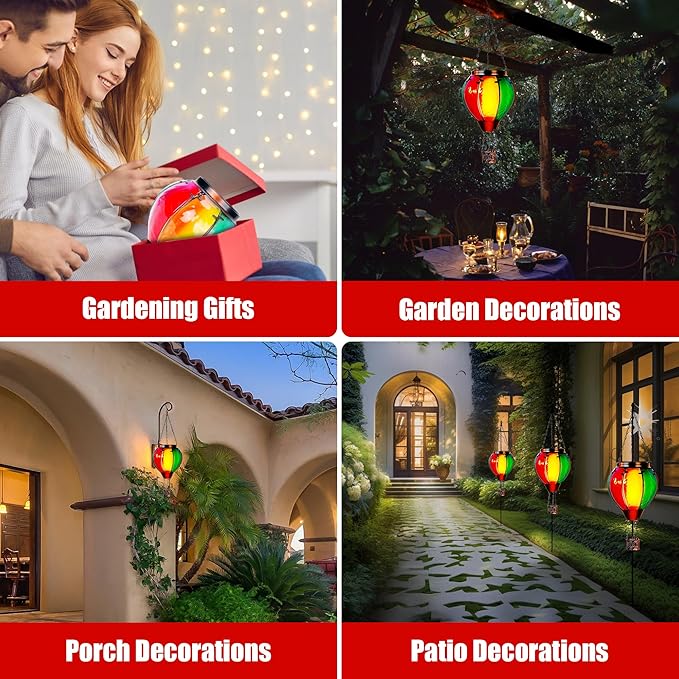 2 Pack Solar Hot Air Balloon Lantern with Flame, Hot Air Balloon Christmas Halloween Outdoor Decorations for Garden Yard Porch Decor, Large Hanging Outdoor Decor, Glass Solar Lantern Waterproof