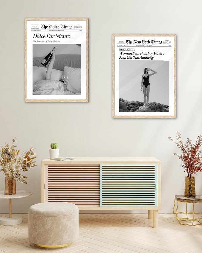 iHery Dolce Far Niente Framed Trendy NewsPaper Wall Art, Natural OAK Wood - Image 8