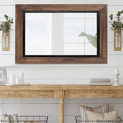 YOSHOOT Rustic Wooden Framed Wall Mirror, Natural Wood and Iron Bathroom Vanity - Image 5