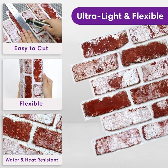 3D Peel and Stick Faux Brick Wall Panels 11.8" x 11.8" 10-Pack, Small - Image 8