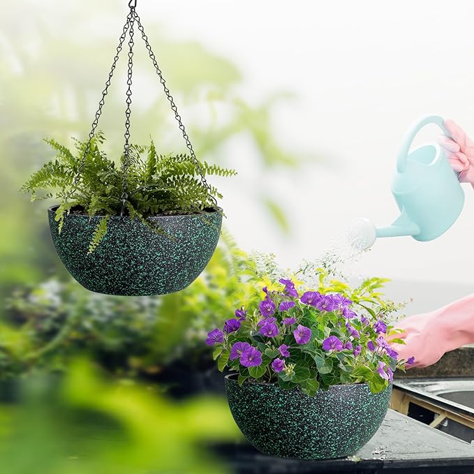 13inch Large Hanging Planters Pots for Outdoor Indoor Plants with Drainage Holes and Chain, 2pack Round Hanging Flower Pots for Garden Home Porch Decor, Black with Green Speckles