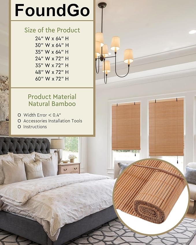 FoundGo Retro Bamboo Blinds 30" W x 64" H Bamboo Roman Shades Light Filtering - Image 4