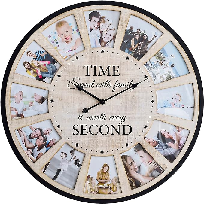 12 Photo Collage Rustic Wood Farmhouse Wall Clock, Large Family Picture Wall by JUMBOHUMBLE