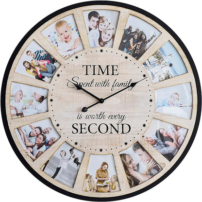12 Photo Collage Rustic Wood Farmhouse Wall Clock, Large Family Picture Wall by JUMBOHUMBLE