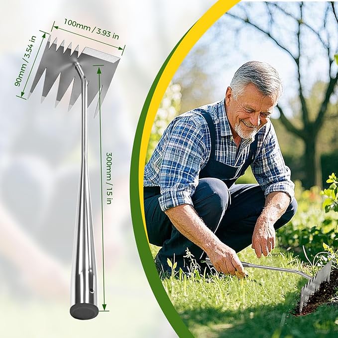 2025 Upgraded Weed Puller Tool,Portable Garden Weed Rake Uprooting Weeding Tool with Handle,6 Tooth Manganese Steel Manual Weeder Remover Tool for Gardening Backyard Farm Planting & Weeding