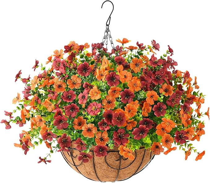 Artificial Fake Hanging Plants Flowers Basket, Faux Silk Daisy in Planter Realistic UV Resistant for Outside Home Patio Balcony Yard Spring Outdoor Decoration (Orange Brown)