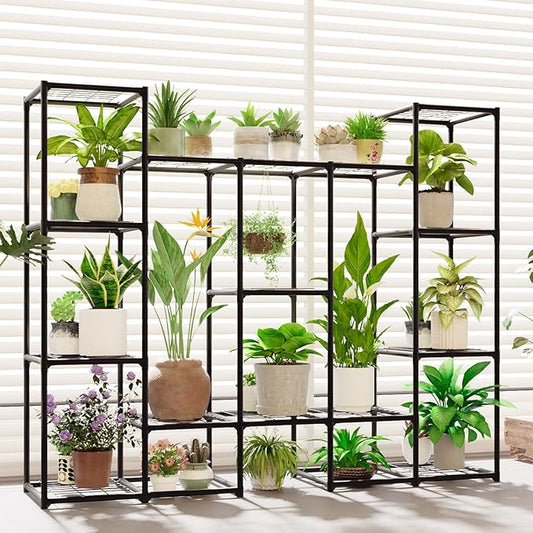 Large Plant Stand Indoor Outdoor Metal Plant Shelf Waterproof Plant Rack for Multiple Plants Wide Flower Stand for Patio Balcony Garden Black