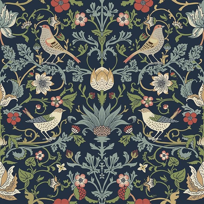 FunStick Navy Blue Floral Wallpaper Peel and Stick Vintage William Morris Green by FunStick