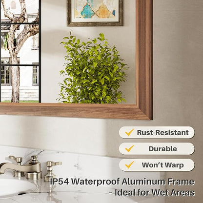 48x30 Inch Bathroom Mirror for Wall, Anti-Rust Walnut Wood Grain Metal Framed - Image 4