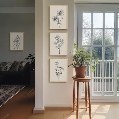 Framed Minimalist Black and White Floral Wall Art, 4 Piece Neutral Rustic - Image 4