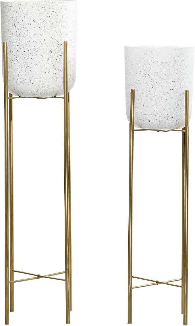 Deco 79 Metal Indoor Outdoor Planter Deep Recessed Dome Speckled Large Planter Pot with Removable Stand, Set of 2 Planters 39", 46"H, White