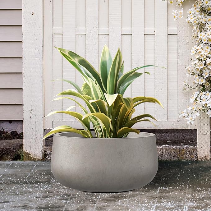 Kante 15.7" Dia Round Concrete Planter, Outdoor Indoor Garden Plant Pots with Drainage Hole and Rubber Plug, Modern Curvaceous Design, Weathered Concrete