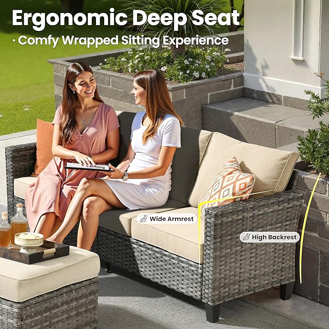 ovios 7 Pieces Patio Furniture Set with 42" Fire Pit Table, Outdoor Wicker Sofa with Swivel Chairs, All Weather High Back Rattan Couch Conversation Set, Beige
