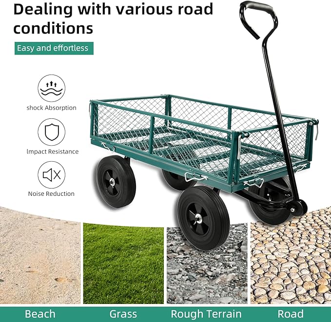 Heavy Duty 480 Lbs Capacity Mesh Steel Garden Cart Folding Utility Wagon with Removable Sides (Green)
