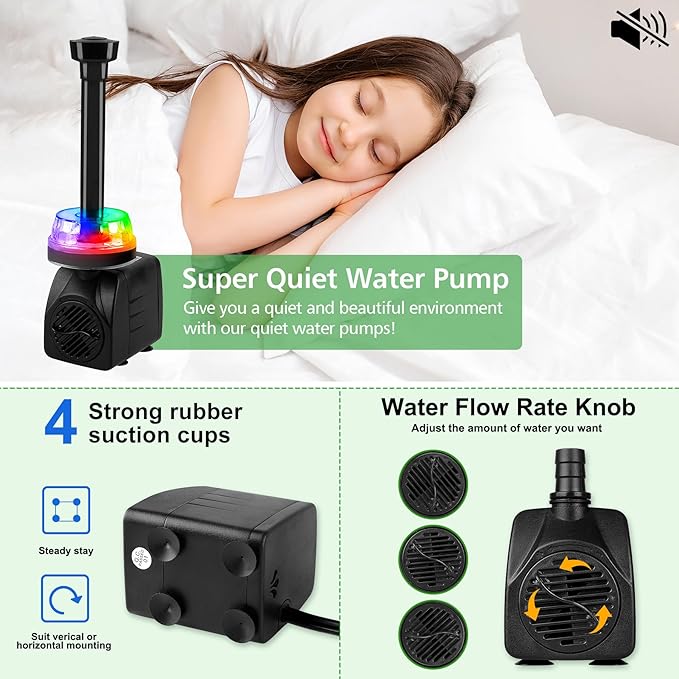 15W 800L/H Submersible Pond Fountain Pump with LED Lights, Ultra Quiet Water Pump, Pond Fountains Pump for Small Pond, Koi, Garden, Aquariums, Fish Tanks, Indoor Outdoor Fountain 3 Type Nozzles
