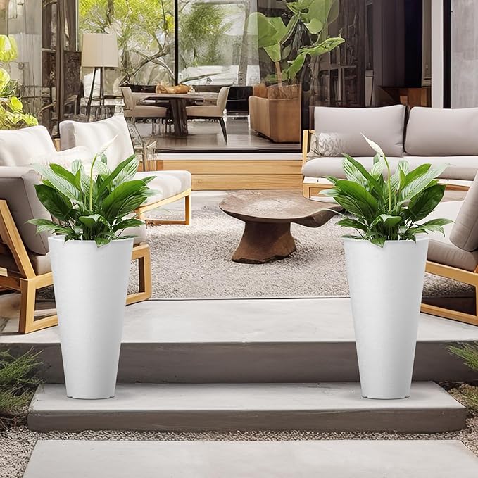 Kante Tall Round Planter Set of 2, 23 Inch Tall Decorative Planter Pots for Outdoor Indoor Garden Patio Front Porch (White)