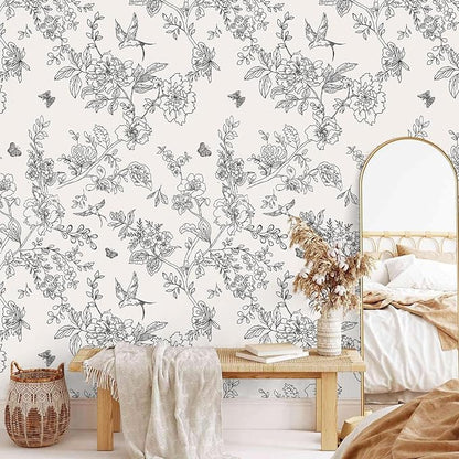 Froluya Black and Cream White Floral Wallpaper Peel and Stick Wallpaper - Image 6
