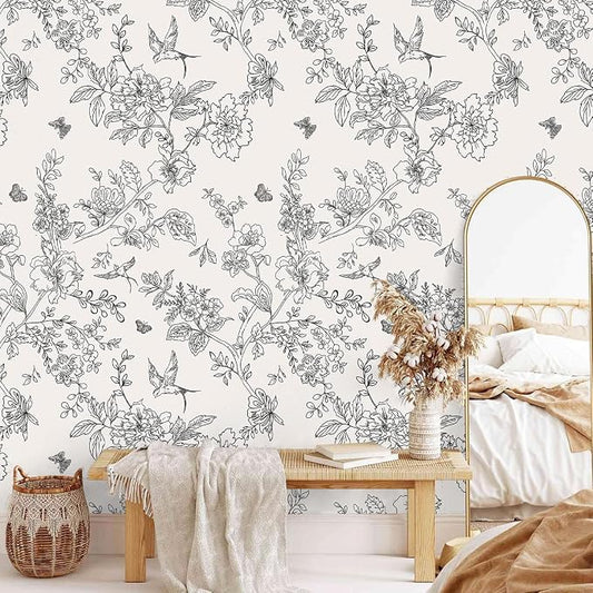 Froluya Black and Cream White Floral Wallpaper Peel and Stick Wallpaper - Image 2