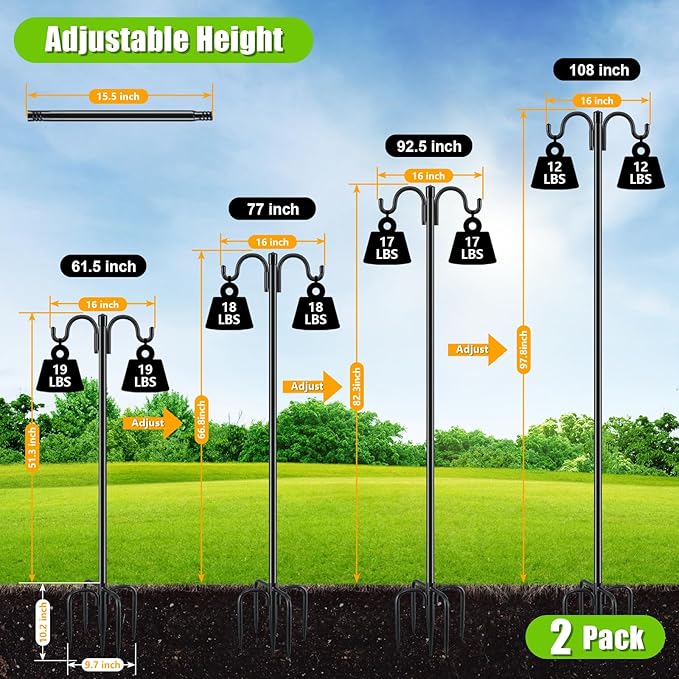 Gtongoko Double Shepherds Hook for Outdoor, 2 Pack 61.5 Inch Heavy Duty Bird Feeder Pole 3/4 Inch Thick Garden Hooks for Hanging Hummingbird Feeder, Plant Baskets, Solar Light Lanterns