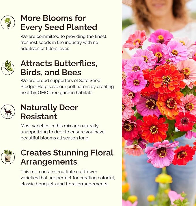 Eden Brothers Jellybean Flower Mixed Seeds for Planting, 1 oz, 30,000+ Seeds with Zinnia, Cornflower, Cosmos, Calendula | Attracts Pollinators, Plant in Spring or Fall, Zones 3, 4, 5, 6, 7, 8, 9, 10