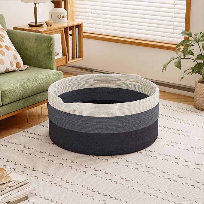 125L Extra Large Blanket Basket, 25" x 16", Jumbo Laundry Woven Baskets Decorative Home, Cotton Rope Basket with Handles, Baby Toy Baskets for Storage, Gradual Blue, 2PC