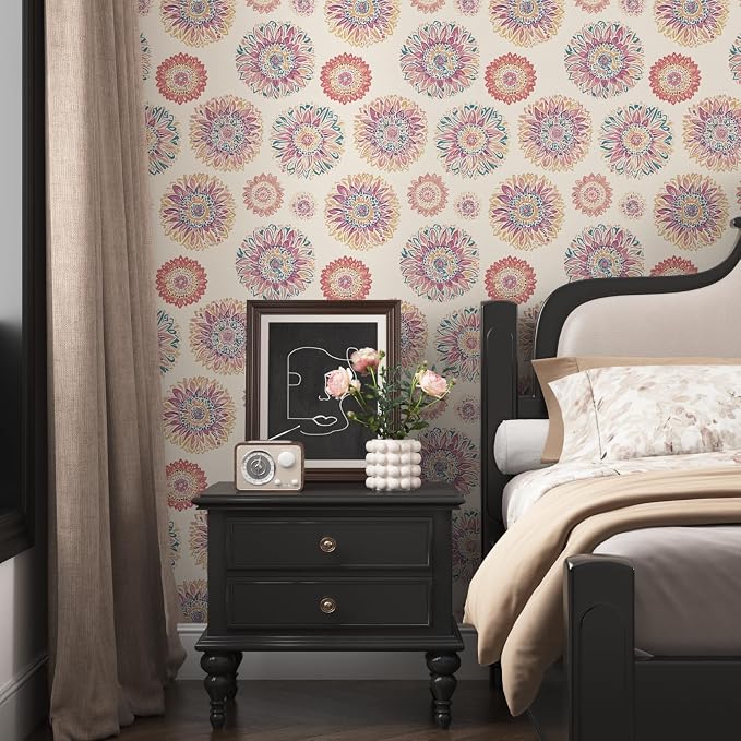 Beige Boho Wallpaper Peel and Stick, Vintage Circle Floral Contact Paper 17.5" - Image 2