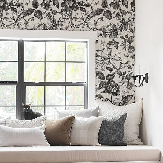 JiffDiff Floral Vintage Wallpaper Peel and Stick Wall Stick Black and White - Image 2