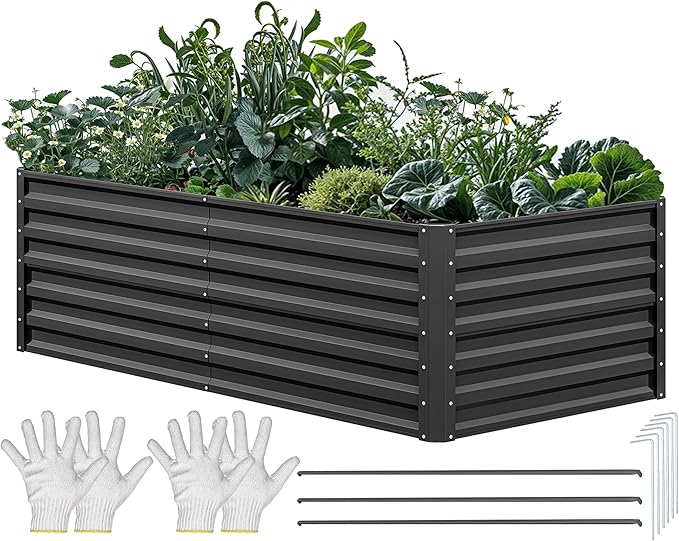 YITAHOME 72x36x24 in Galvanized Raised Garden Bed Kit, Large Metal Planter Box with Gloves & Support Rod, Outdoor Flower Bed for Plants Vegetables, Black