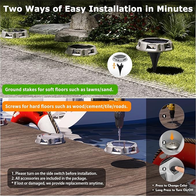 12Pack Aluminum Alloy Solar Driveway Lights, IP68 Solar Deck Light Marine Dock Lights Outdoor Waterproof, Multi-color LED Driveway Markers for Walkway, Path Decor [12Modes - Strobe/RGB/Fix-color]