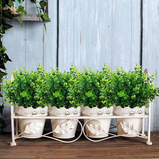 Artificial Plants Flowers Grass Shrubs 8 Pack No Fade Faux Plastic Flowers Outdoor for Farmhouse Garden Porch Patio Indoor Wedding Decoration Greenery Fake Plants uv Resistant (1#Green)