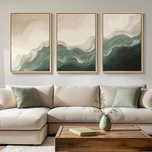 Large Framed Green and Beige Abstract Wall Art Set of 3, Modern Neutral Canvas by Cuspin