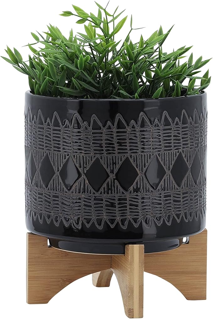 Sagebrook Home Black and Gray Aztec Design Ceramic Planter with Solid Rubberwood Stand for Tabletop Display in Living Room, Bedroom, or Office