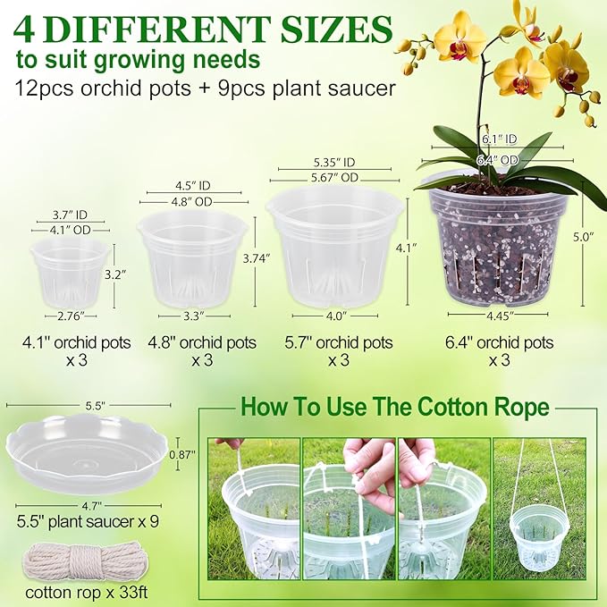 REMIAWY Orchid Pot, 12 Orchid Pots with Holes and 9 Saucers, 3 Each of 4.1, 4.8, 5.7 and 6.4 Inch Clear Flower Planter for Repotting, Plastic Breathable Plant Nursery Planters with Drainage