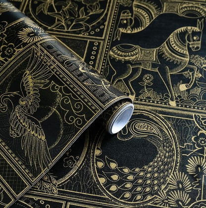 Erfoni 197"x17.7" Black and Gold Wallpaper Vintage Self Adhesive Peel and Stick by Erfoni