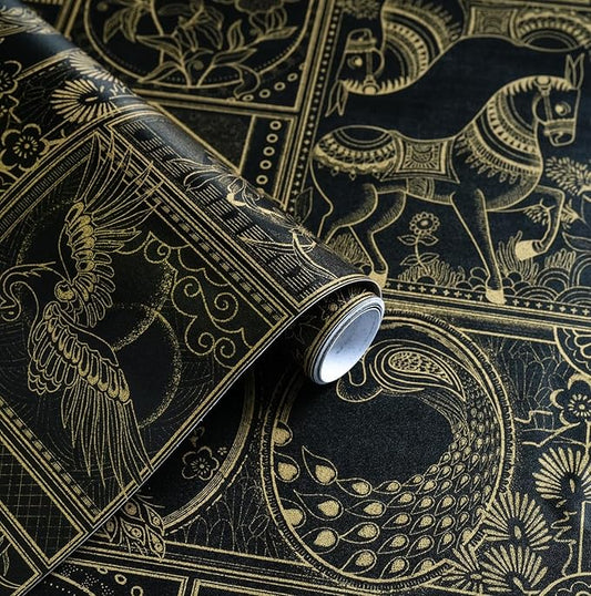 Erfoni 197"x17.7" Black and Gold Wallpaper Vintage Self Adhesive Peel and Stick by Erfoni