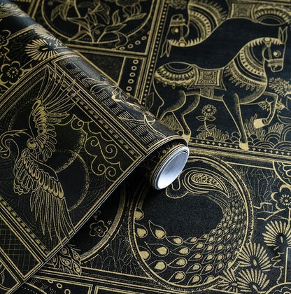 Erfoni 197"x17.7" Black and Gold Wallpaper Vintage Self Adhesive Peel and Stick by Erfoni