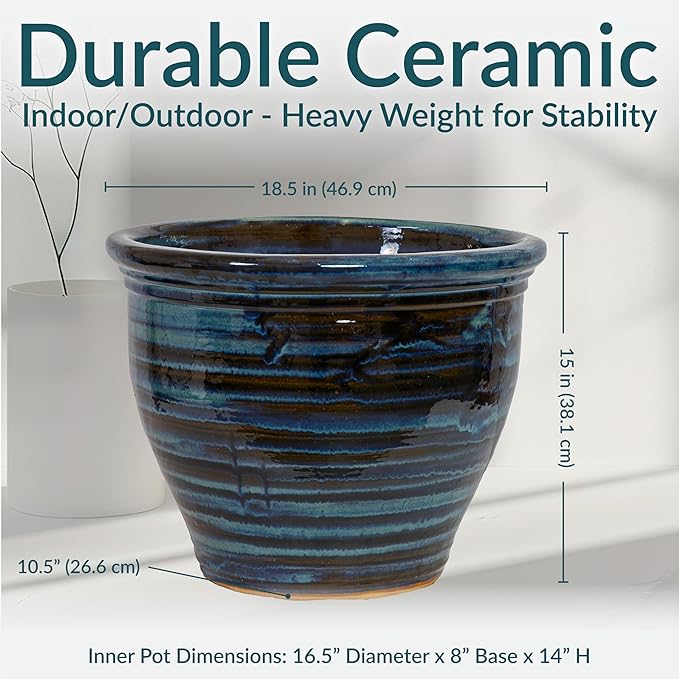 Sunnydaze Studio Large Ceramic Plant Pot - Round Outdoor Glazed Ceramic Planter Pot with Drainage - Galaxy Blue - 18.5"