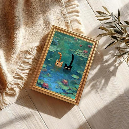 Fantasy Artists Gold Framed Wall Art Prints, Two Swimming Cats in Lotus Pond - Image 3