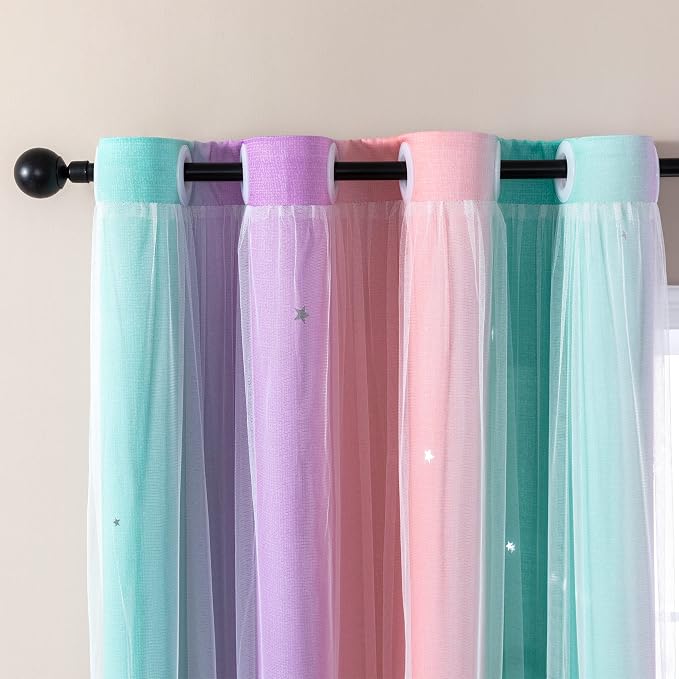 XiDi Curtains for Bedroom Decor, Rainbow PinkPuGreen-52-90 - Image 2