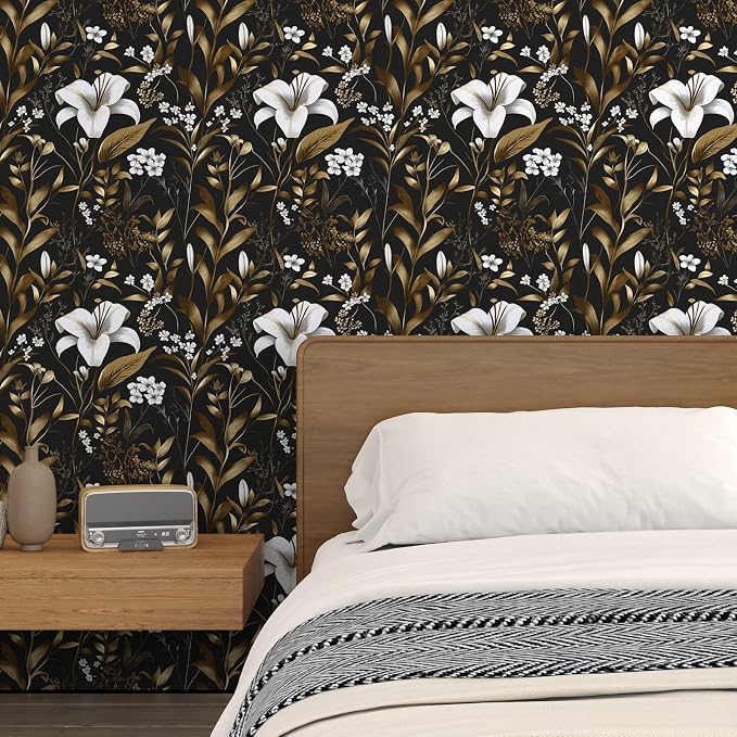 Laatse Black Gold Wallpaper Peel and Stick, Dark White Floral Vintage Contact - Image 6