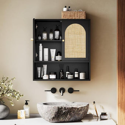VINGLI Black Rattan Medicine Cabinet Wall Mounted, Arched Modern Farmhouse - Image 4