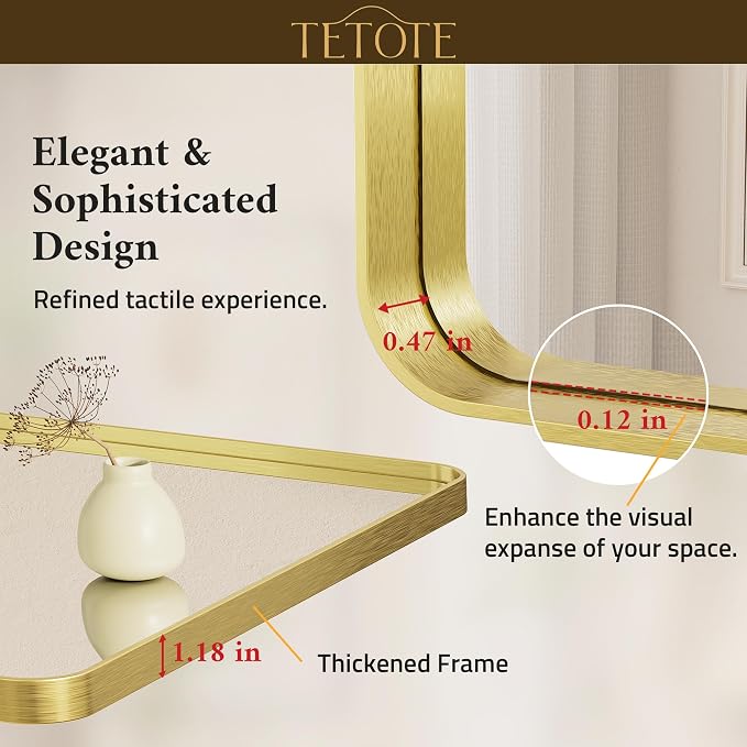TETOTE 60 x 36 Inch Mirrors for Bathroom, Brushed Brass Gold Vanity Mirror - Image 5