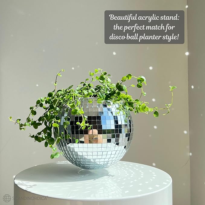 SCANDINORDICA Disco Ball Planter – Value Package: Disco Planter with Chain, Macrame Hanger and Acrylic Stand, Includes Self Watering Insert, Preppy Room Decor, Funky Decor | 8 inch Silver