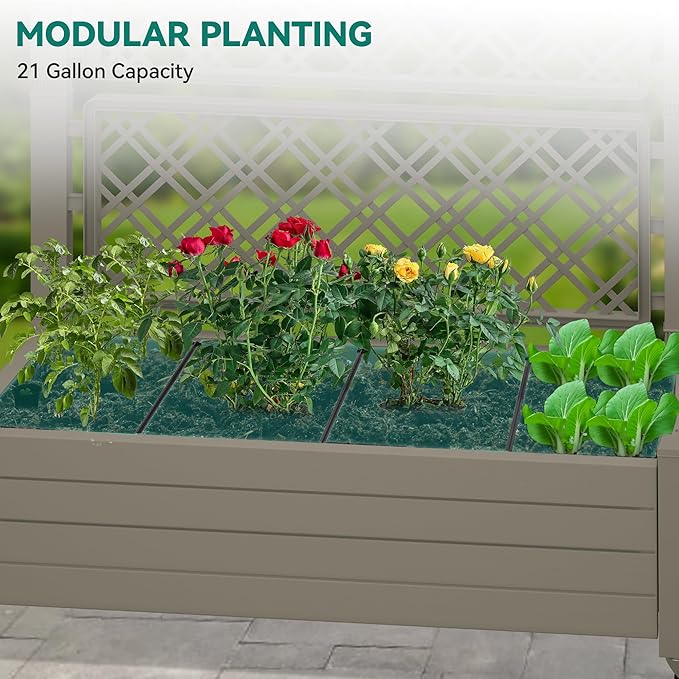 YITAHOME 3.6x1.5x5 FT Planter Box Trellis with Wheels, Large Outdoor Plastic Raised Garden Bed with Drain Plug for Climbing Plants, Light Brown