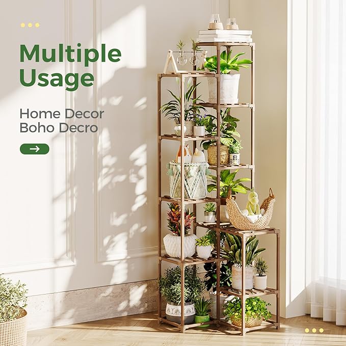 Bamworld 72" Tall Plant Shelf Indoor Outdoor Corner Plant Stand Large Plant Table Wood Plant Holder for 10 Pots Multiple Plants Patio Balcony Garden Office Home Decor