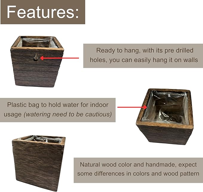 LaLaGreen Wood Planter Boxes for Plants (8 Pack, 4x4 Inch) Small Square Wall Mounted Planters for Indoor Plant, Herb Wooden Box Hanging Flower Pot Plant Holder Outdoor Fence Vertical Garden Home Decor