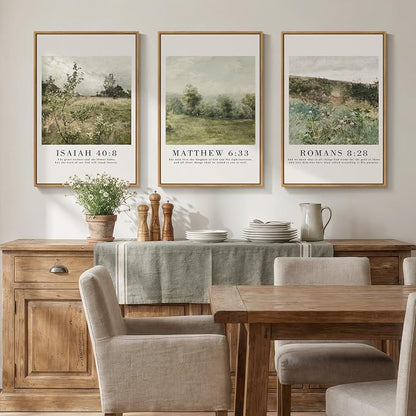 Framed Vintage Christian Wall Art Set of 3, Rustic Wildflower Landscape Bible - Image 3